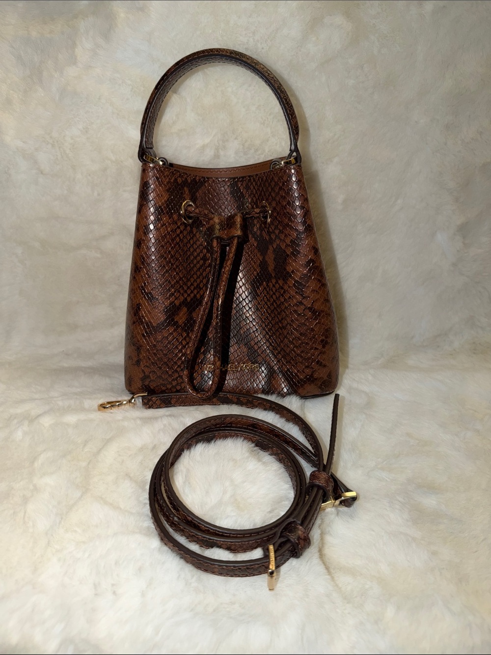 Michael Kors Brown Snake-Embossed Leather Drawstring Crossbody